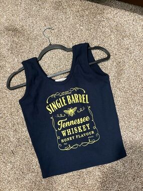 Navy Tank Top with Yellow "Single Barrel Tennessee Whiskey" Graphic
